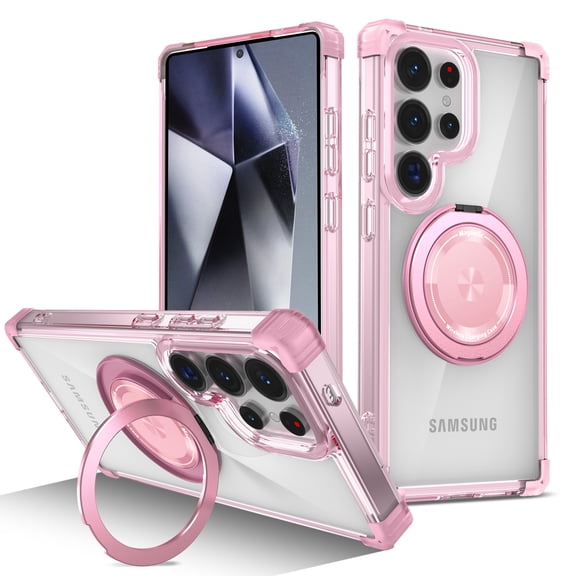 Luxury For Samsung Galaxy S26 Ultra Case Compatible with MagSafe, 360° Ring Kickstand Magnetic Transparent Crystal Case Military Drop Tested Shockproof Phone Cover Anti-Yellow Women Men,Pink
