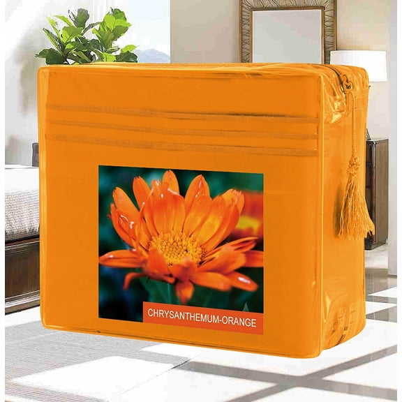 Bed Sheets Set Wrinkle-Free 1500 Series 4-Piece Bed Sheet Set - FLOWERS Collection - Deep Pocket, Full, Chrysanthemum-Orange