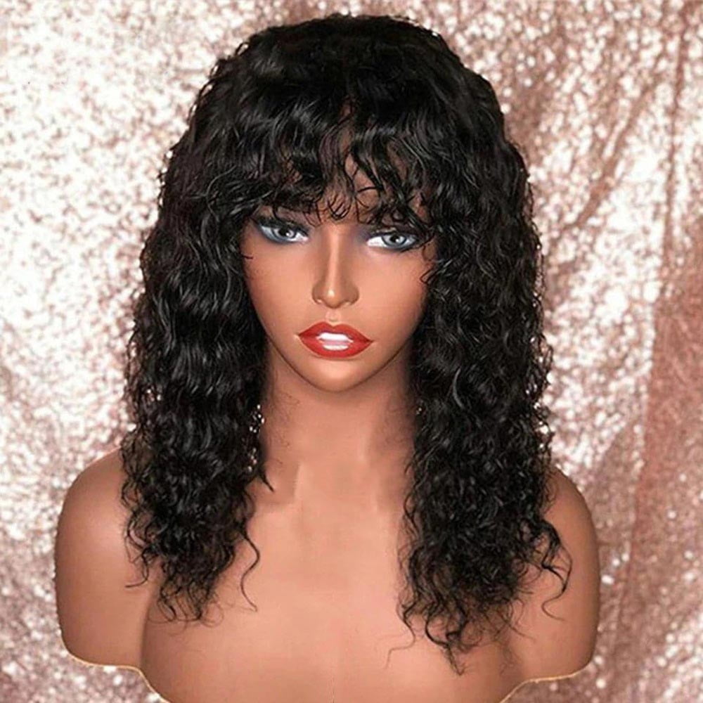 Water Wave Wig With Bangs Human Hair Look Bang Wig 180% Medium Length Curly Wigs