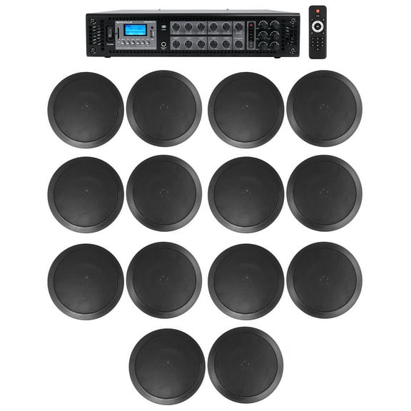 6-Zone Home Audio System (14 Black Ceiling Speakers Bedroom/Living Room/Bathroom