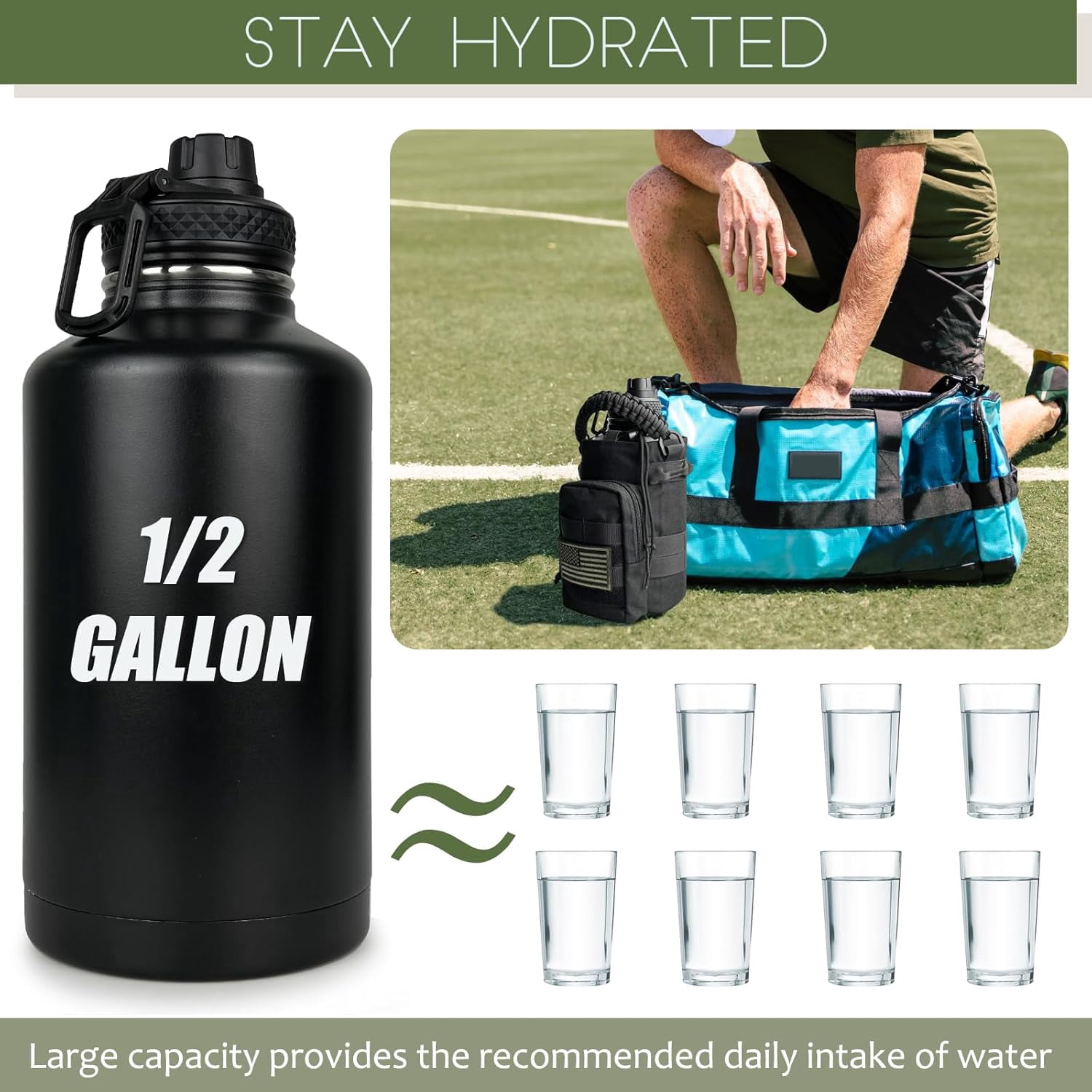64 Oz Water Bottle Gym Water Bottles for Men Half Gallon Insulated Water Jug with Sleeve and Strap Stainless Steel Large Sports Bottle Workout Hiking