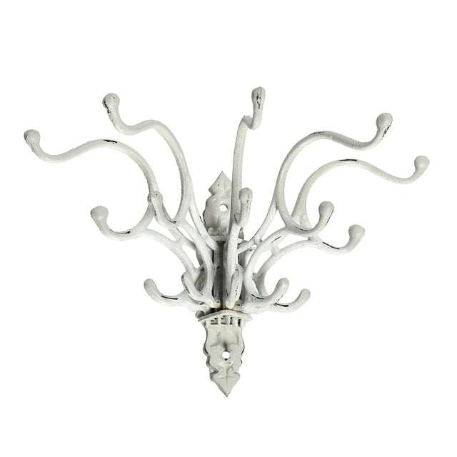 Creative Co-Op Antique Decorative Cast Iron Multi Hook Wall Hanger With 15 Hooks Distressed White
