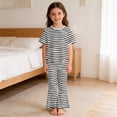thumbnail image 7 of qucoqpe Toddler Little Girls Cute Trendy 2-Piece Outfit Set Summer Striped Casual Short Sleeve Soft Elastic Waist Flared Trousers Top and Pant Comfy Homewear Set Kids, 7 of 7