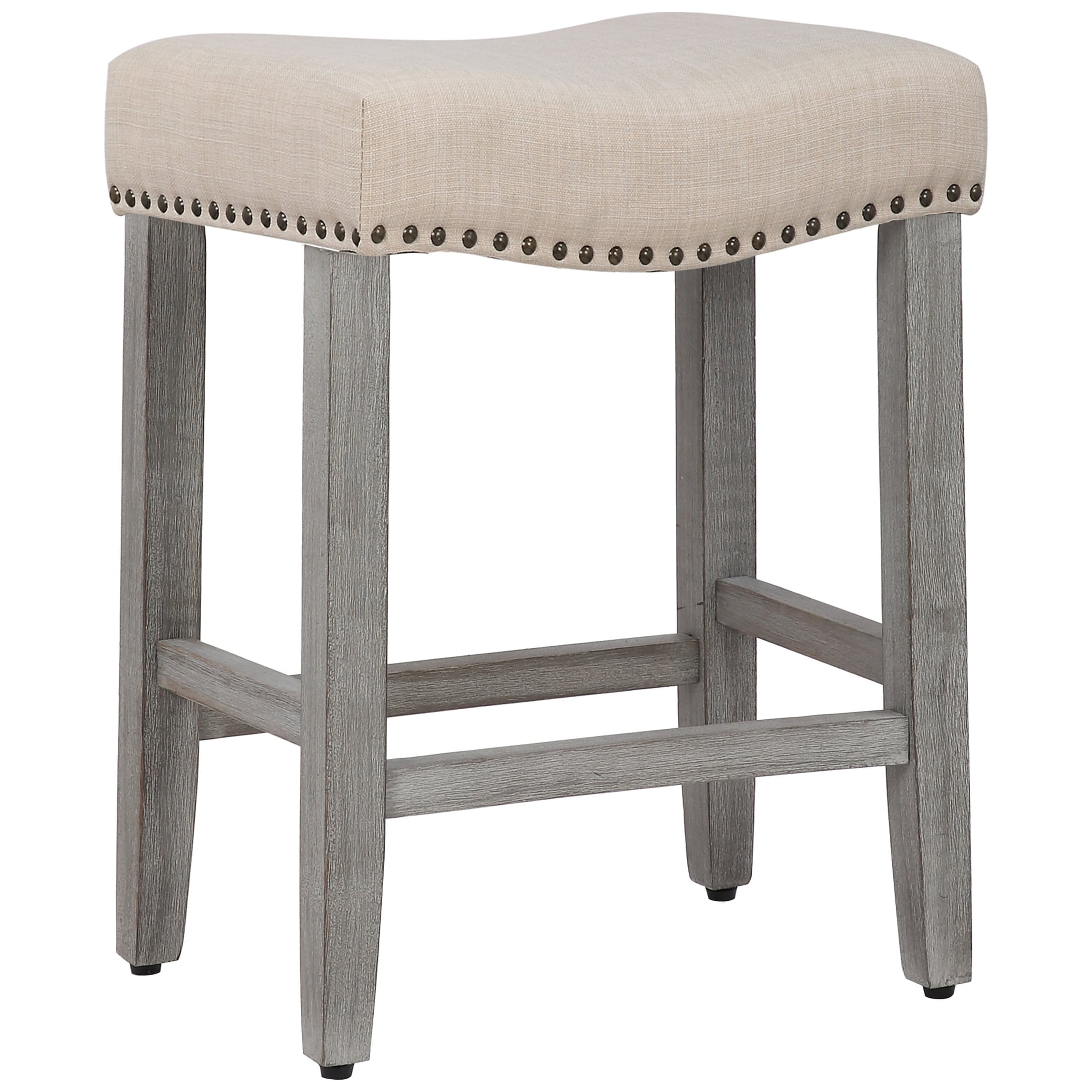 24" Inch Upholstered Saddle Seat Bar Stool, Antique Gray/Beige