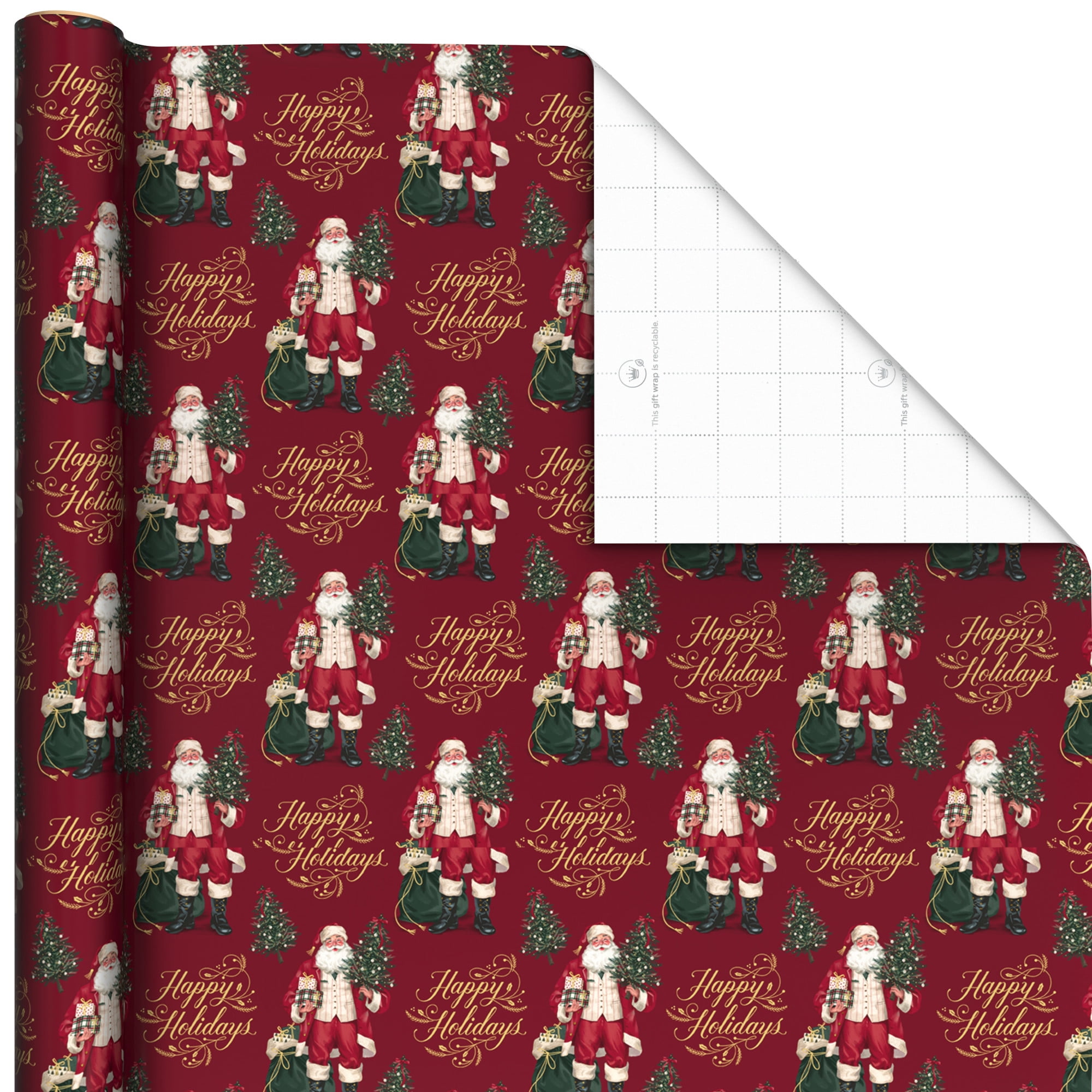 Hallmark Elegant Christmas Wrapping Paper Rolls (3 Rolls: 120 Sq. Ft. Total) Red "Joy" on White, Santa Claus and "Happy Holidays" on Red, Painted Poinsettia on Hunter Green