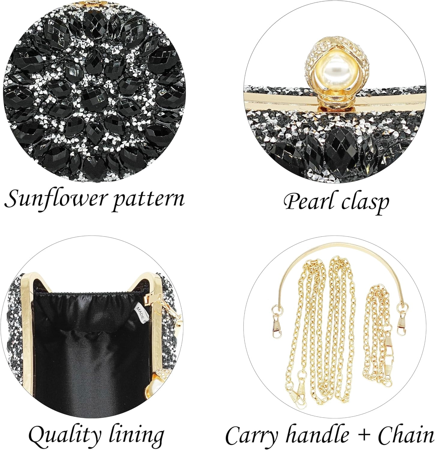Kwuty Rhinestone Clutch Purses for Women Evening Wedding Formal - Round Pearl Clasp Handbag - Crystal Diamond Bag