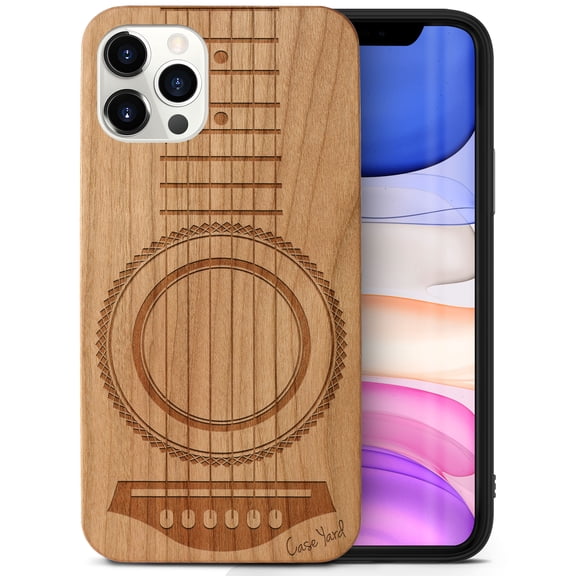 Case Yard Wooden Case Outside Soft TPU Silicone, Slim Fit Shockproof Wood Protective Phone Cover for Girls Boys Men and Women, Supports Wireless Charging Guitar Design case for iPhone-12-Pro-Max
