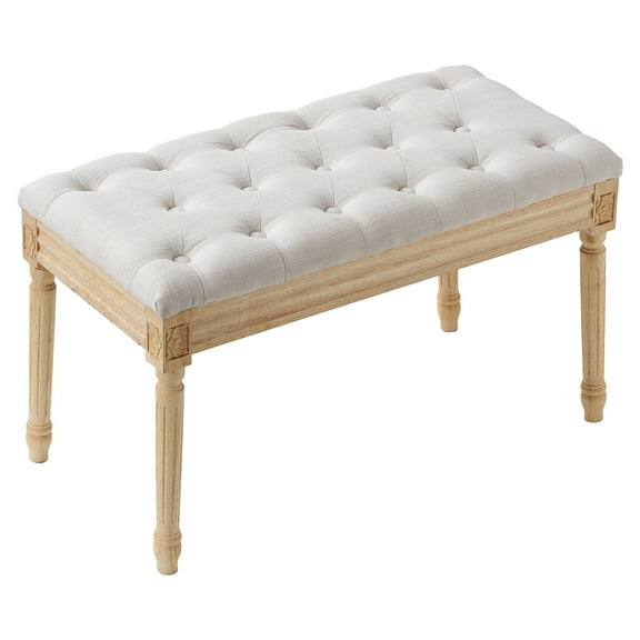 Sptwo French Vintage Bench, Linen Fabric Entryway Bench, Upholstered Tufted End of Bed Bench with Brushed Wood Legs