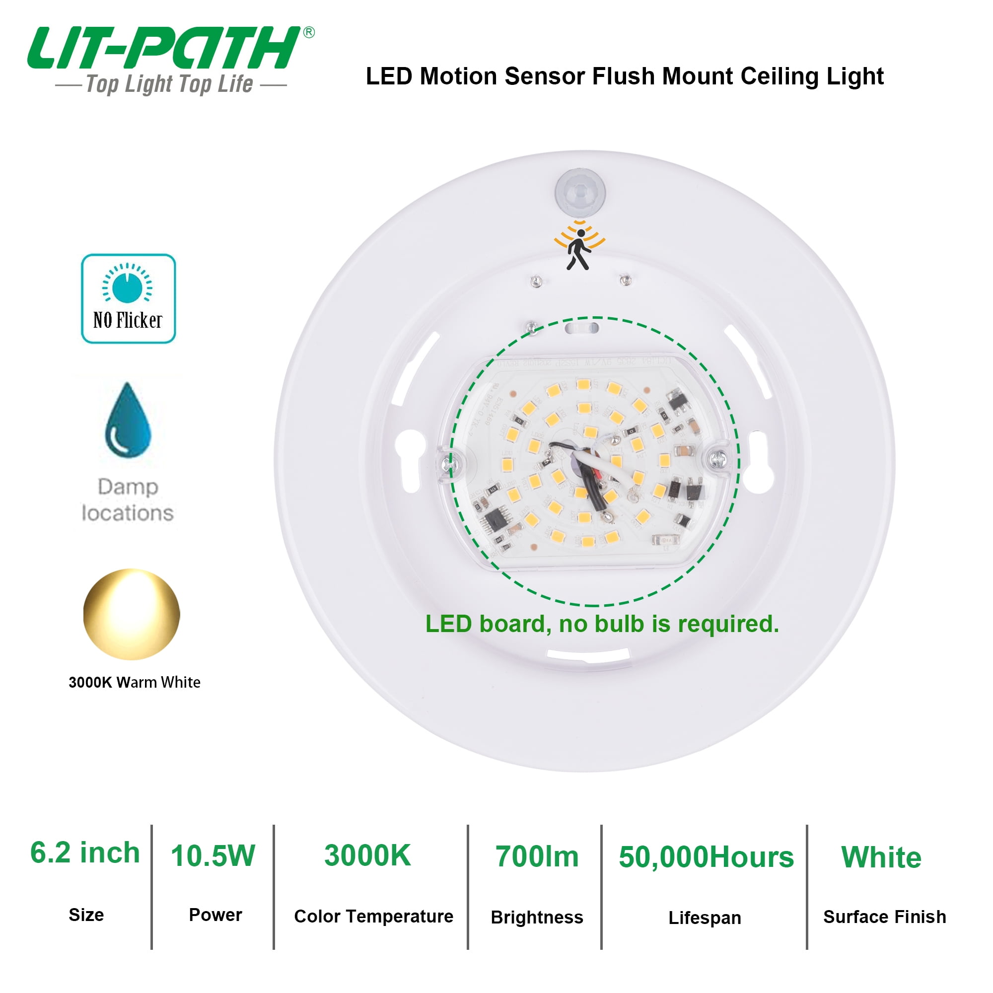 LIT-PaTH LED Motion Sensor Flush Mount Ceiling Lighting Fixture, Closet Light with Motion Sensor, 10.5W, 800 Lumen, 6.2 Inch, Anti-Rust Galvanized Housing, White Finish 3000K 2-Pack