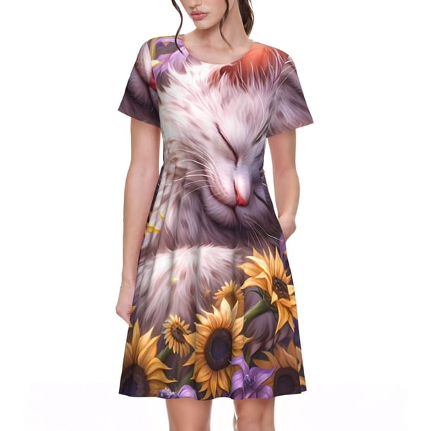 Easygdp Warm Sunflower Sleeping Cat para Vestido Transpirable de Mujer, Vestido Suelto de Manga Corta con Pliegues y Bolsillos para el Verano