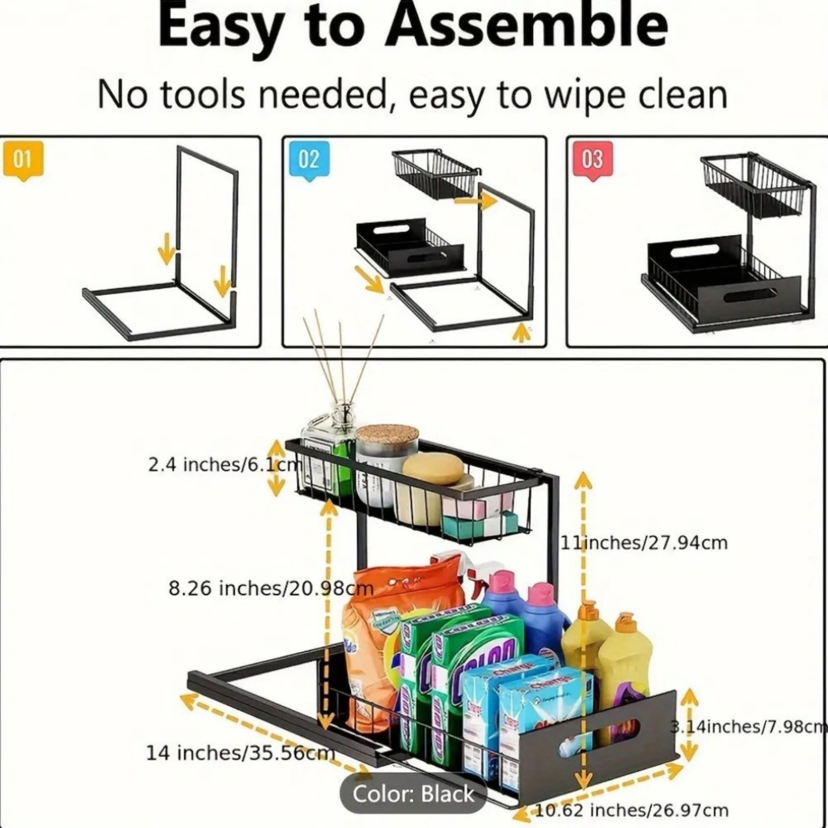 Under Sink Organizer 2 Tier Pull Out Storage Rack, Stainless Steel Rustproof Bathroom Kitchen Cabinet Organizer No Drilling Space Saving Shelf, Black, 2 pcs