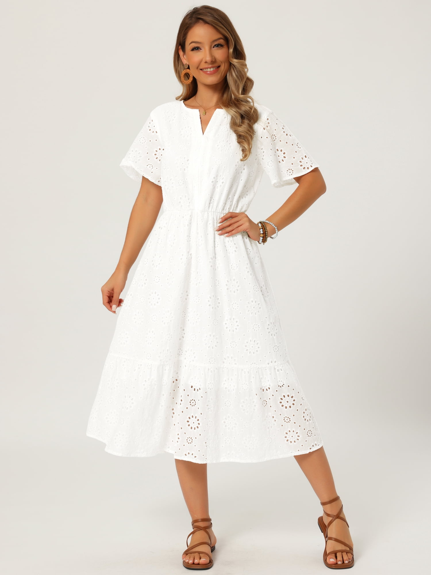 DARING DIVA Women's Eyelet Dress Notched Neck Short Sleeve A Line Midi Dress M White
