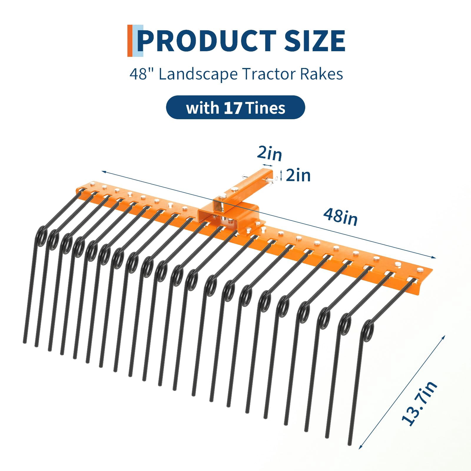 Wisykoke 48" Tow Behind Landscape Rake, Tow Dethatcher with 17 Coil Tines, Lawn Dethatcher Rake Attaches to Toolbars and 3-Point Suspension Systems, for Leaves, Pine Needles, and Grass