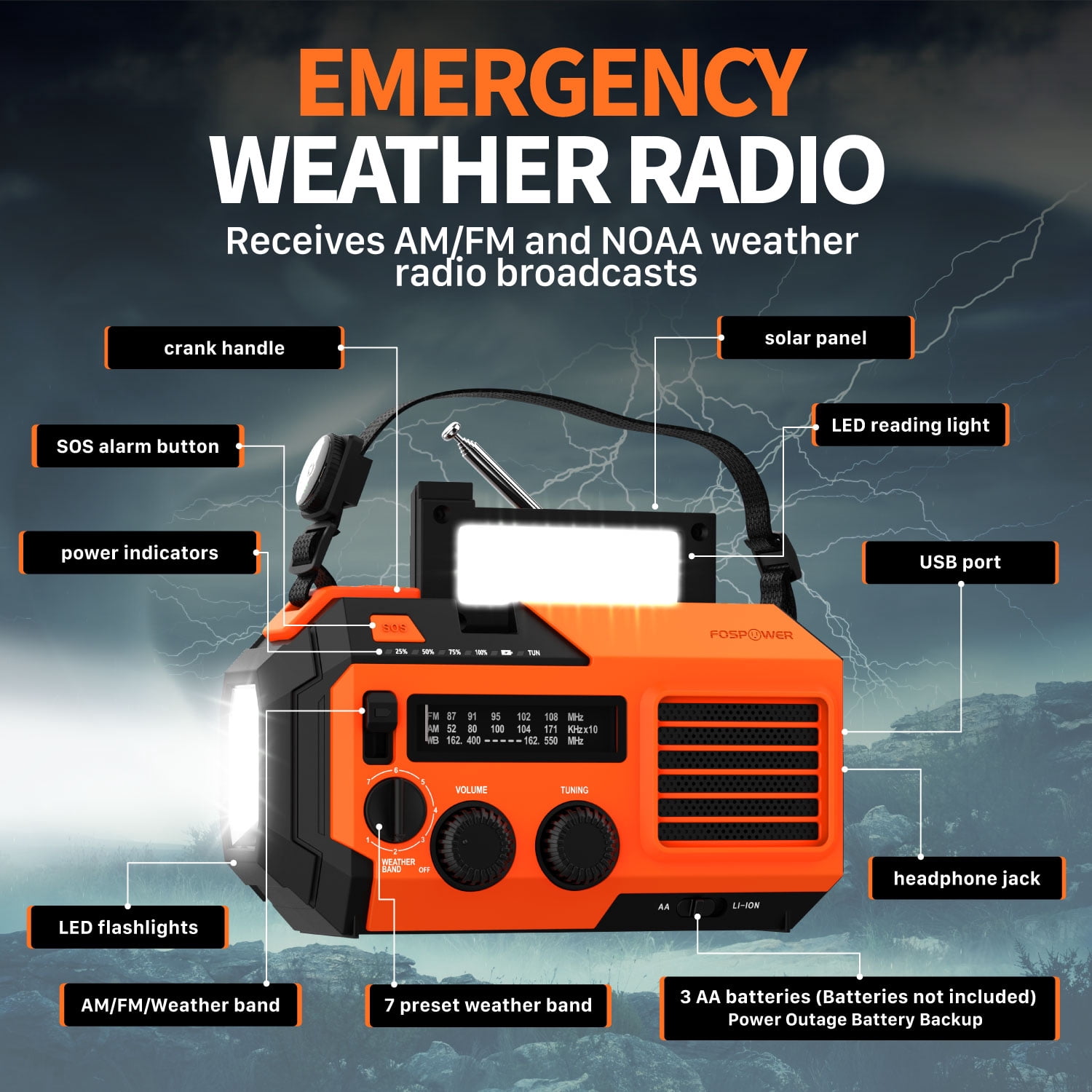 FosPower 5200mAh Solar Powered Emergency Weather Radio A6 with Hand Crank & LED Flashlight, Orange