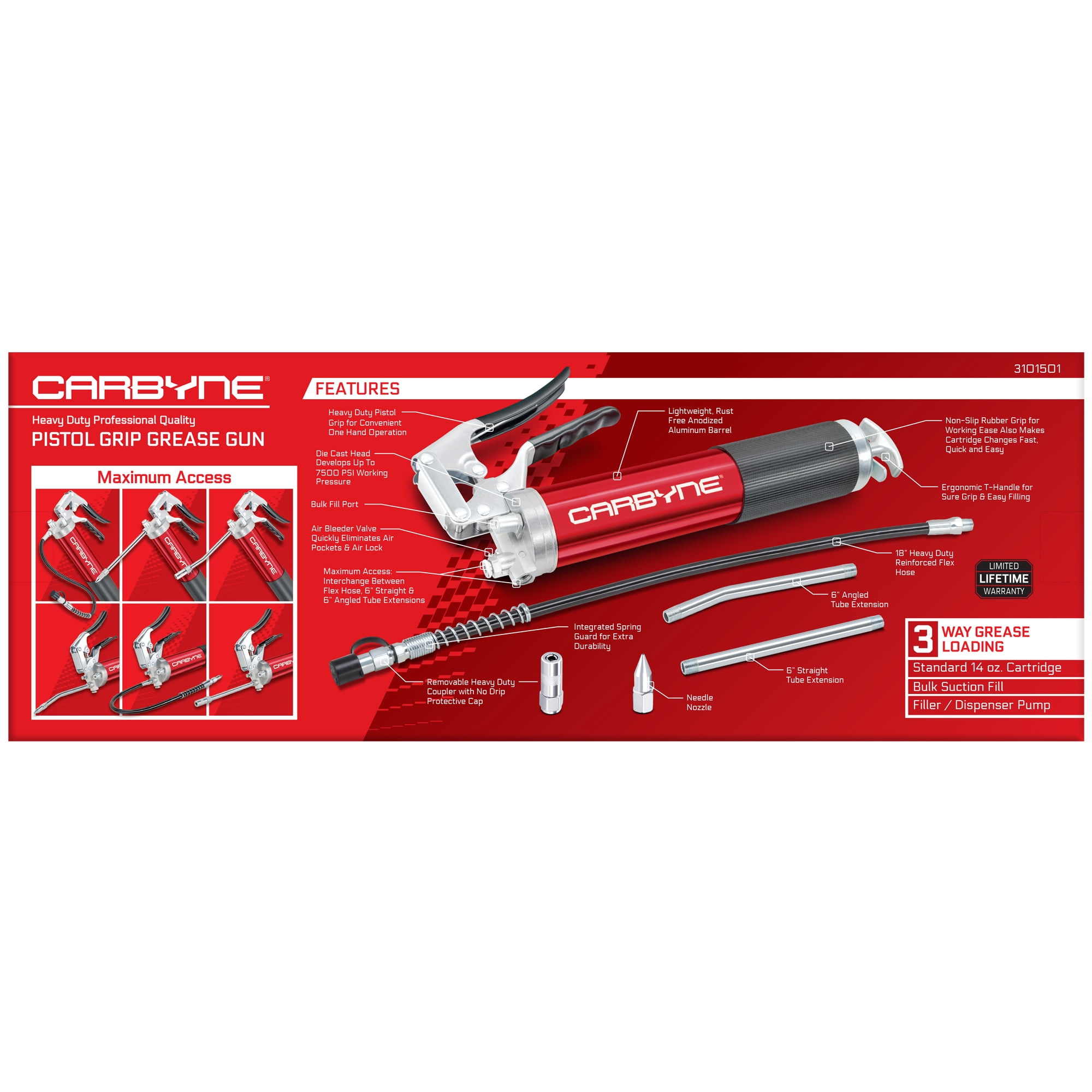 Carbyne Grease Gun, Pistol Grip, 7500 Psi, Anodized Aluminum Barrel, 3-Way Loading, 18 in. Hose, Straight and Angled Tubes, Needle Nozzle, Coupler