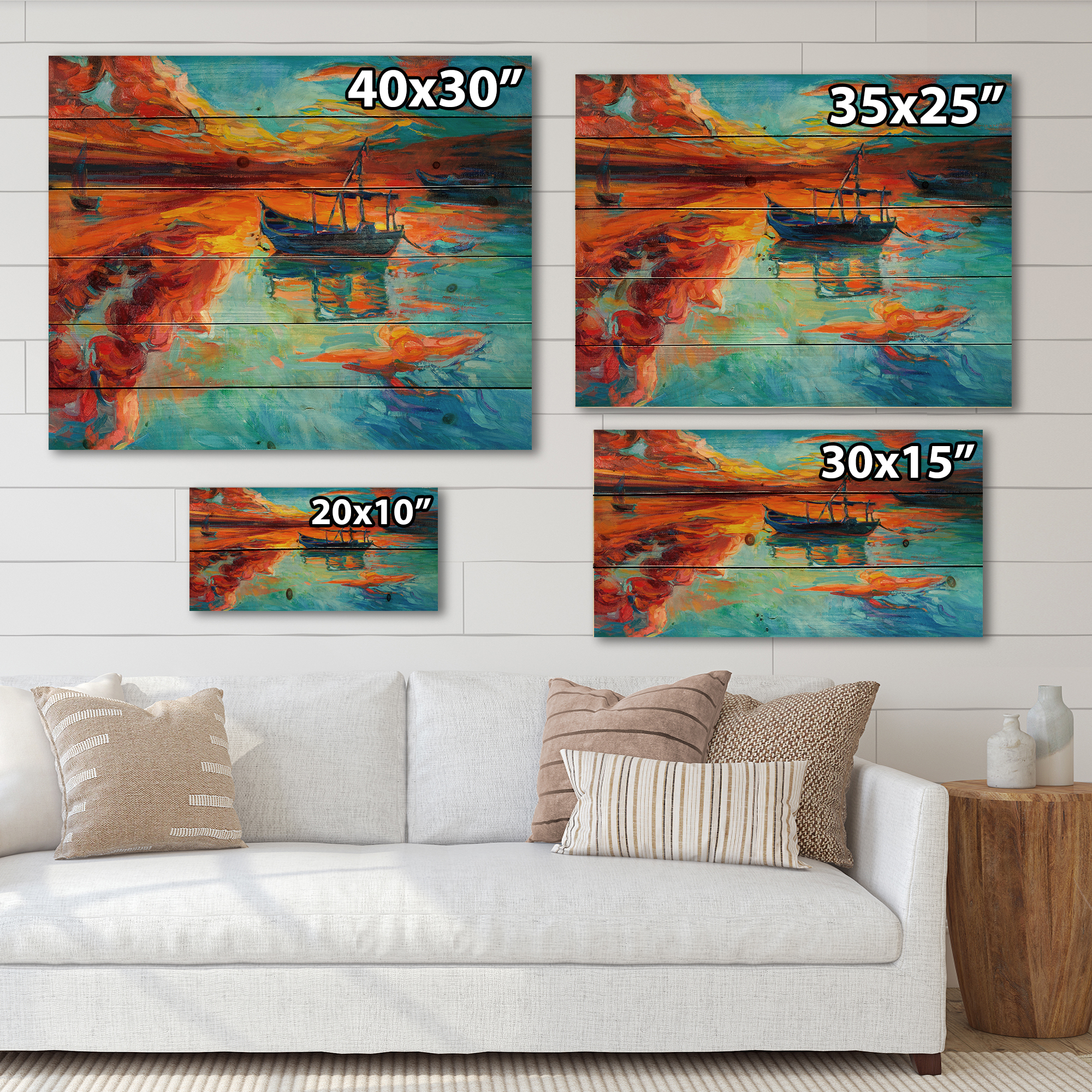 Designart 'Boat At The Lake During Evening Glow IV' Nautical & Coastal Print on Natural Pine Wood