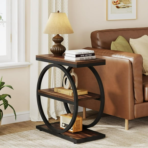 Narrow End Table with 3 Storage Shelves, Wood Side Table with Black Metal Frames