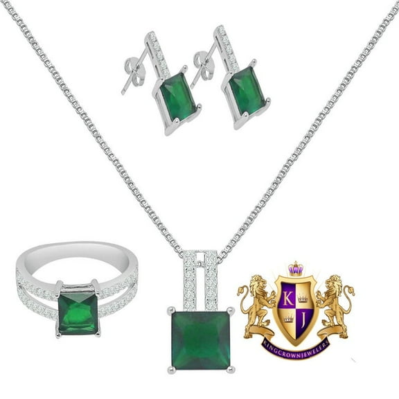 Real Sterling Silver Solitaire Emerald Green 10K White Gold Over Pendent Charm Chain Neckless Earrings Ring 3 Piece Combo Set