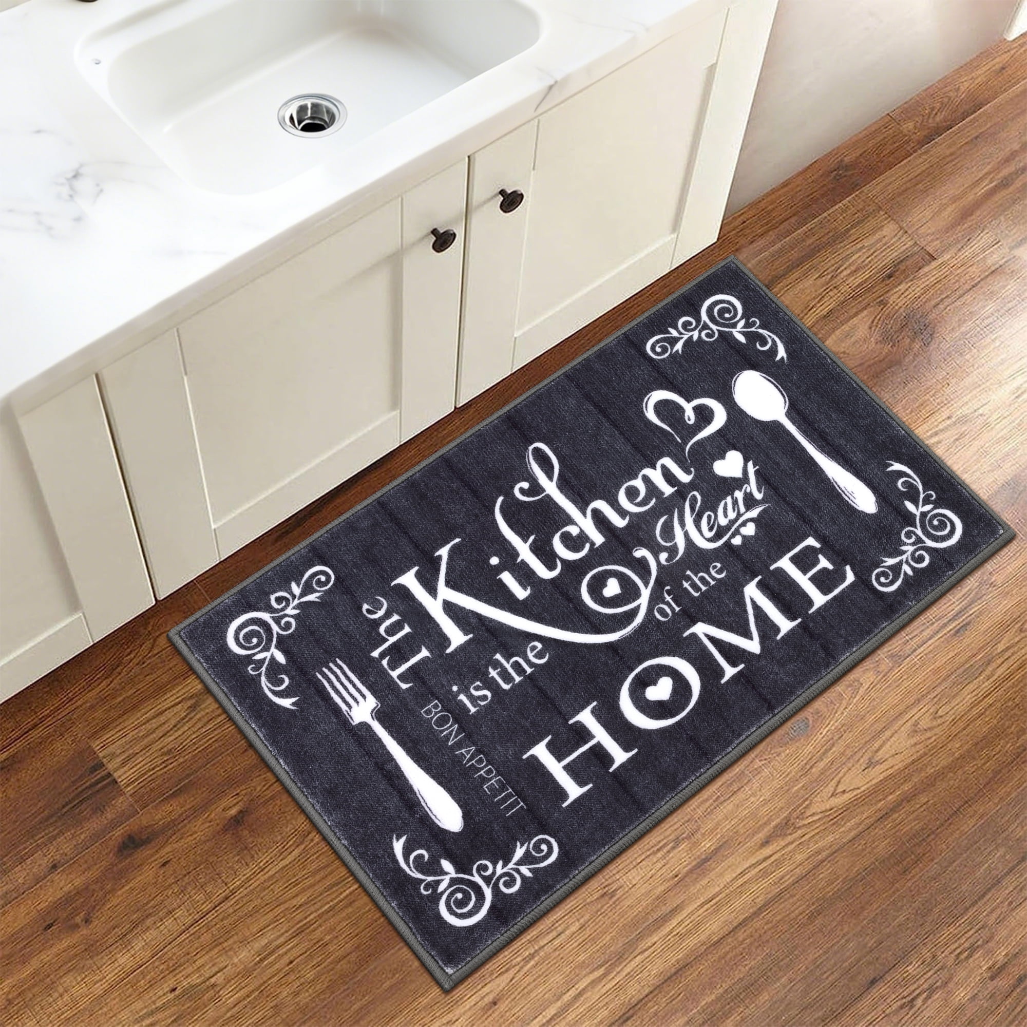 MeyJey Farmhouse Kitchen Rug Set, 3 Piece Non-Slip Kitchen Mat Machine Washable Runner Rug for Home Floor and Living Room, Black/White