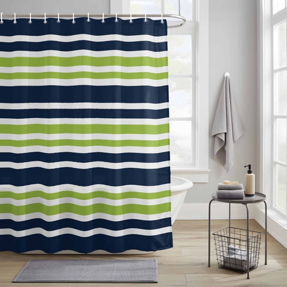 Bathroom Shower Curtain Navy Blue Green Stripe Waterproof Shower Curtains with Hooks, White Line Bath Curtains Bathtub Curtain Home Decor 36x72in