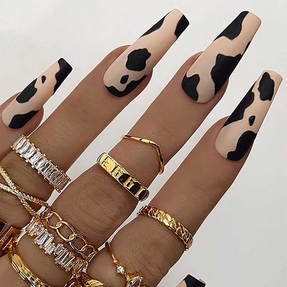 Long Coffin Fake Nails Matte Brown Press on Nails with Cow Print Design Ballerina Full Cover Artificial Nails for Women 24Pcs