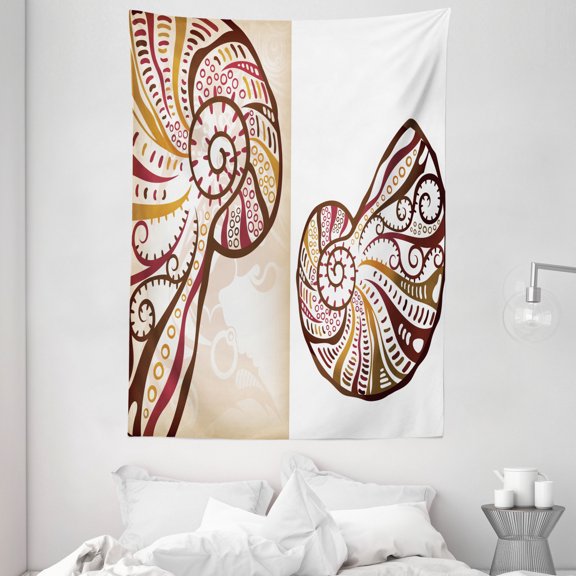 Seashells Tapestry, Boho Seashells Pattern Divided Two Part Effects Hear the Ocean Creature, Wall Hanging for Bedroom Living Room Dorm Decor, 60W X 80L Inches, Pale Brown Cream, by Ambesonne