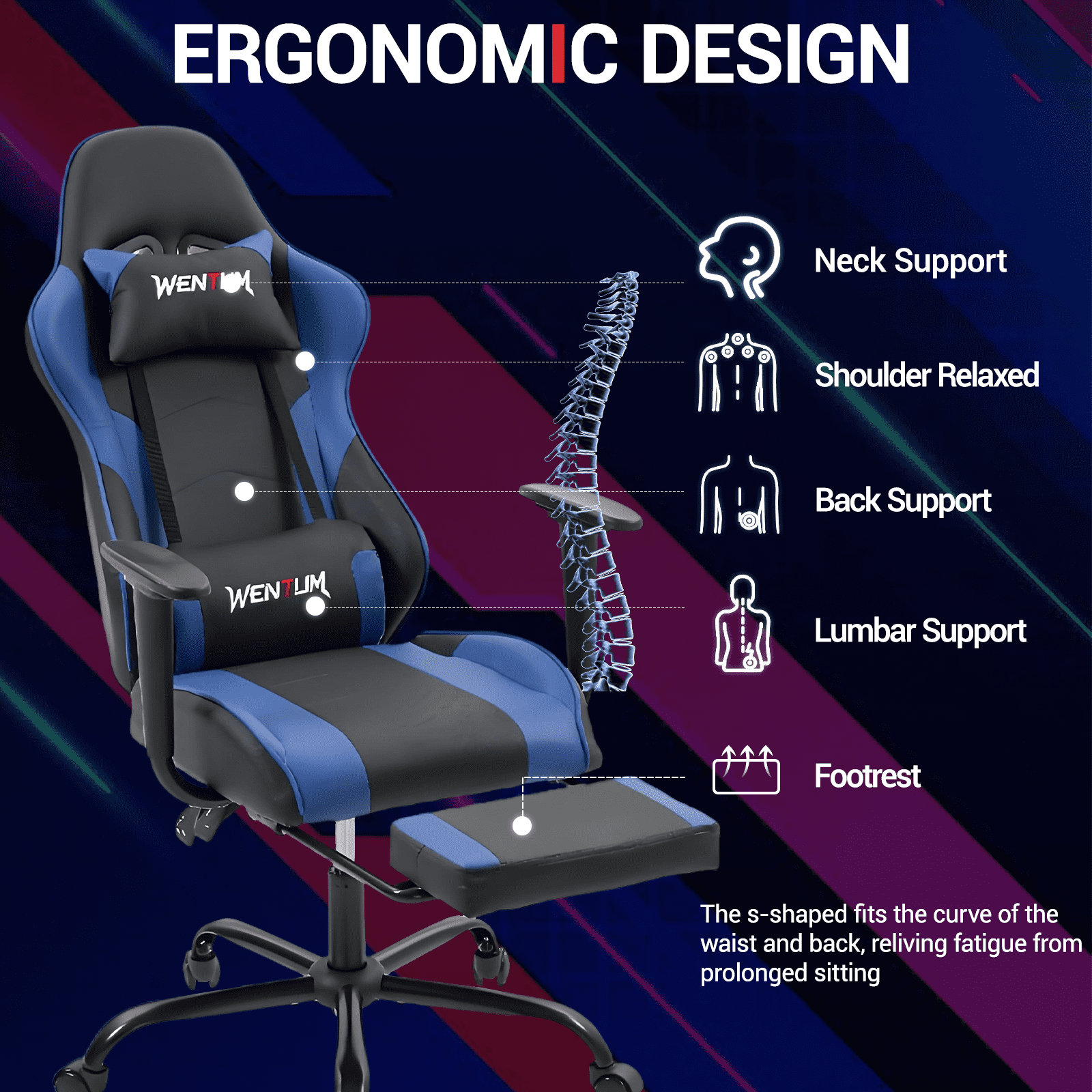 WENTUM Reclining Gaming Chair with Footrest, Massage Racing Office Chair, PU Leather Computer Desk Chair with Head Pillow for Adults, Blue