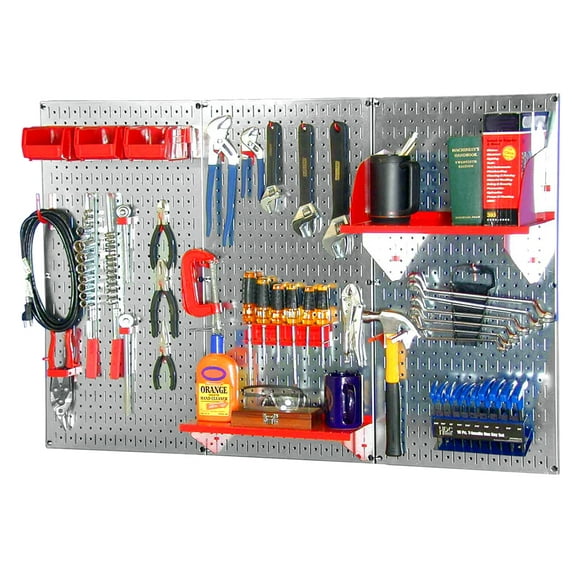 4ft Metal Pegboard Standard Tool Storage Kit - Galvanized Metallic Toolboard & Red Accessories