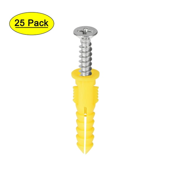 6X30mm Plastic Expansion Pipe Column Concrete Anchor Wall Plug Frame Fixings Tube with Screws Yellow 25 pcs