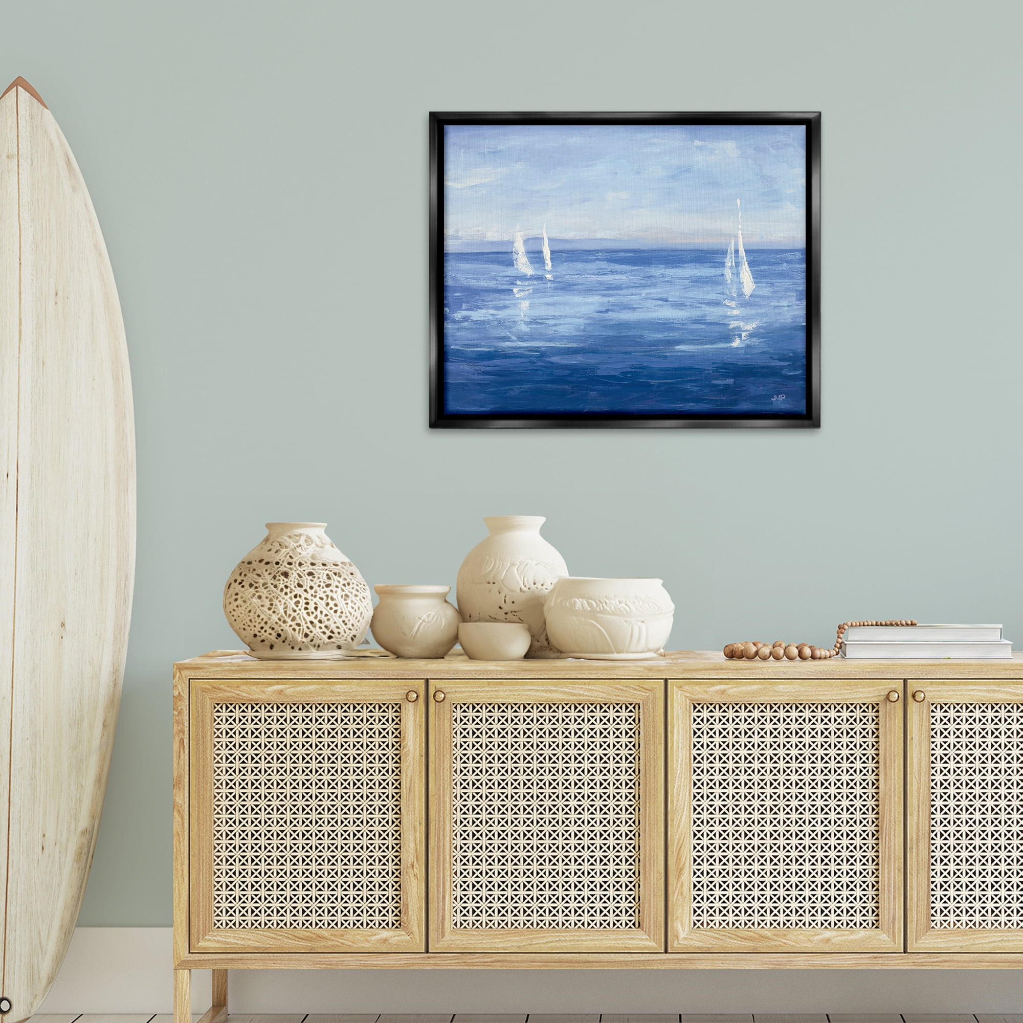 Stupell Industries Vivid Boats Open Sail Nautical & Beach Painting Black Floater Framed Canvas Art Print Wall Art, 31 x 25