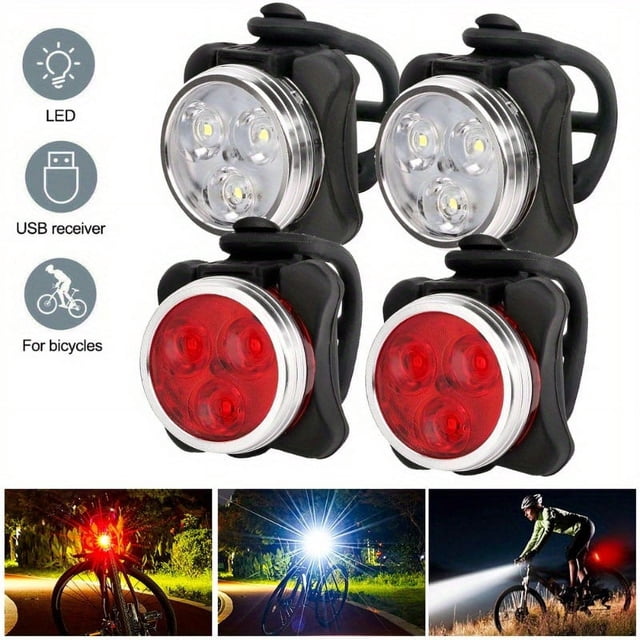SUTENGDA 4pcs Bicycle Front and Rear LED Safety Light Set - High-Brightness 3LED Night Riding Warning Lights with USB Charging Waterproof and 4 Modes - Rechargeable Lithium Battery ABS