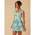 thumbnail image 6 of Green Floral Print Square Neck Tie-Shoulder Ruched Mini Dress For Women, 6 of 8