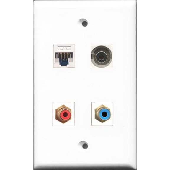 RiteAV - 1 Port RCA Red and 1 Port RCA Blue and 1 Port 3.5mm and 1 Port Cat5e Ethernet White Wall Plate