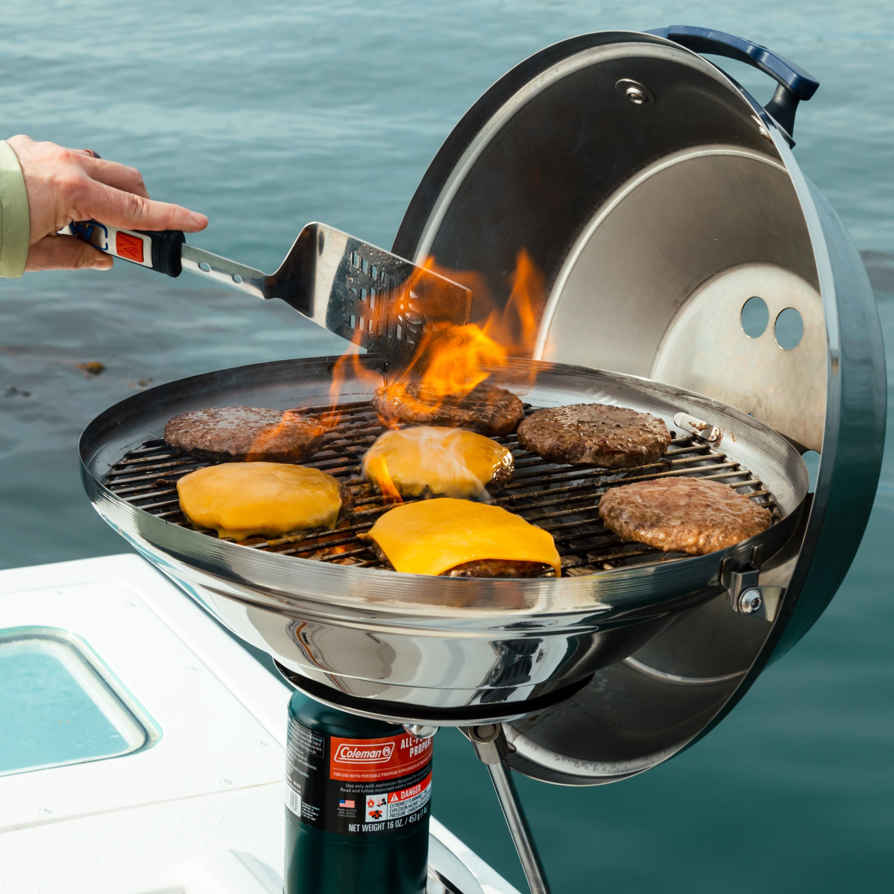 Magma A10-215 Marine Kettle Gas Grill | Party Size | Stainless Steel Portable Boat BBQ | Propane Grill for Marine, Pontoon & RV Use