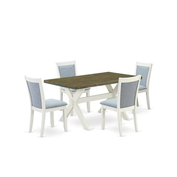 East West Furniture X076MZ015-5 5-Piece Dining Table Set Consists of a Wood Table and 4 Baby Blue Parson Chairs - Wire Brushed Linen White Finish