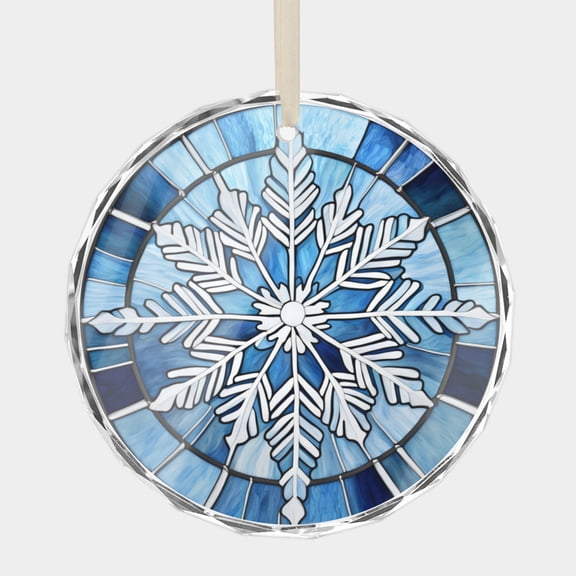 Blue and White Winter Snowflake Crystal Glass Christmas Ornament, 3” Beveled-Edge Disc (0.23” Thick,) with Stained Glass Style Printed Design Holiday Gift