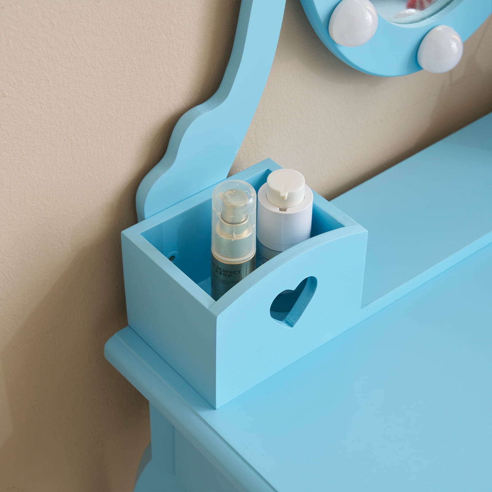 Kids Vanity Set with Mirror & Lights & Stool, 5 Storage Drawers, Pretend Play Princess Makeup Desk Dressing Table and Stool Set for Little Girls Age 3+, Macaroon Blue