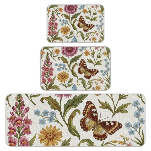 RKSupls Kitchen Rug Set 3 Piece Anti-Slip Flannel Floor Mats, Spring Butterfly Flower Washable Absorbent Runner Mats for Kitchen Bathroom Home Decor