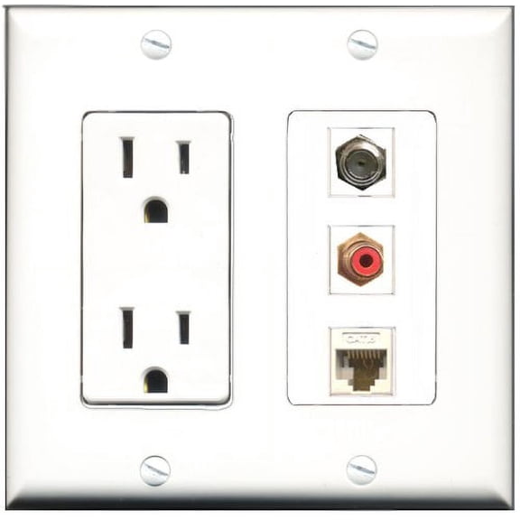RiteAV - 15 Amp Power Outlet 1 Port RCA Red 1 Port Coax 1 Port Cat6 Ethernet Ethernet White Decorative Wall Plate
