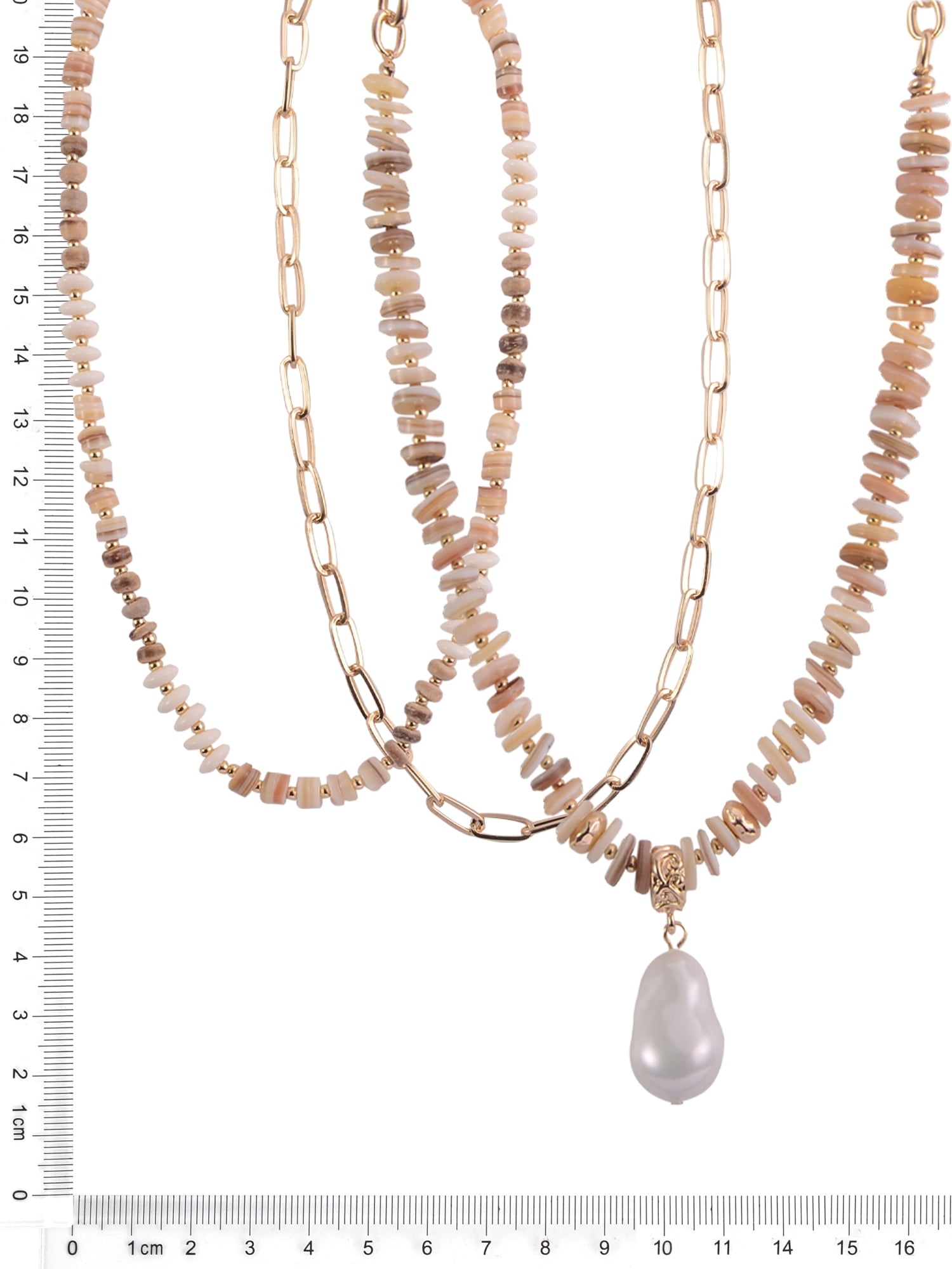 Time and Tru Adult Female Gold-Tone Metal Heishi Shell Beads, Oval Cable Chain, and Acrylic Beads and Pearl 3 Row Necklace