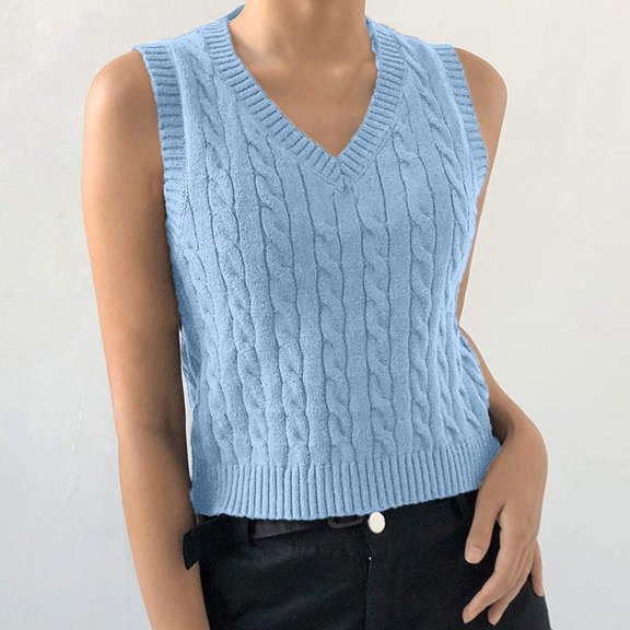 Brilliant Womens Sleeveless Tops Clearance Sale Women's knitted V-Neck vest pullover uniform cropped sweater Clearance(Blue,S)