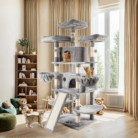 Allewie 68" Multi-Level Large Cat Tree and Tower with Cat Condo House, Scratching Posts & Board, Gray