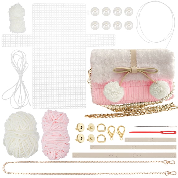 1set DIY Shoulder bag Making Kits including Thick Wool Yarns Imitation Leather Fabric Plastic Mesh Canvas sheet Iron Findings Magnetic Clasp Pink 22x13x5cm