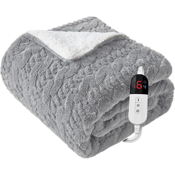 Electric Heated Blanket Queen Size Dual Control - Jacquard Shaggy Sherpa 84"x90" Fast Heating Bed Blankets with 6 Heating Levels & 10 Hours Auto Off, Over-Heat Protection ETL, Light Gray