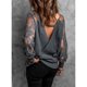 thumbnail image 5 of Suéter con cuello en V para mujer Diseño cruzado Costuras de encaje Camisa superior de punto de manga larga Suéter suelto para otoño invierno Gris M, 5 of 7