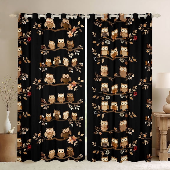 Homewish Cartoon Cute Owl Black Out Curtains for Teen, Kawaii Cartoon Animal Curtains Pack of 2 (42x63 Each), Leaf Plant Botanical Bedroom Curtains, Window Curtains Bedroom Decor