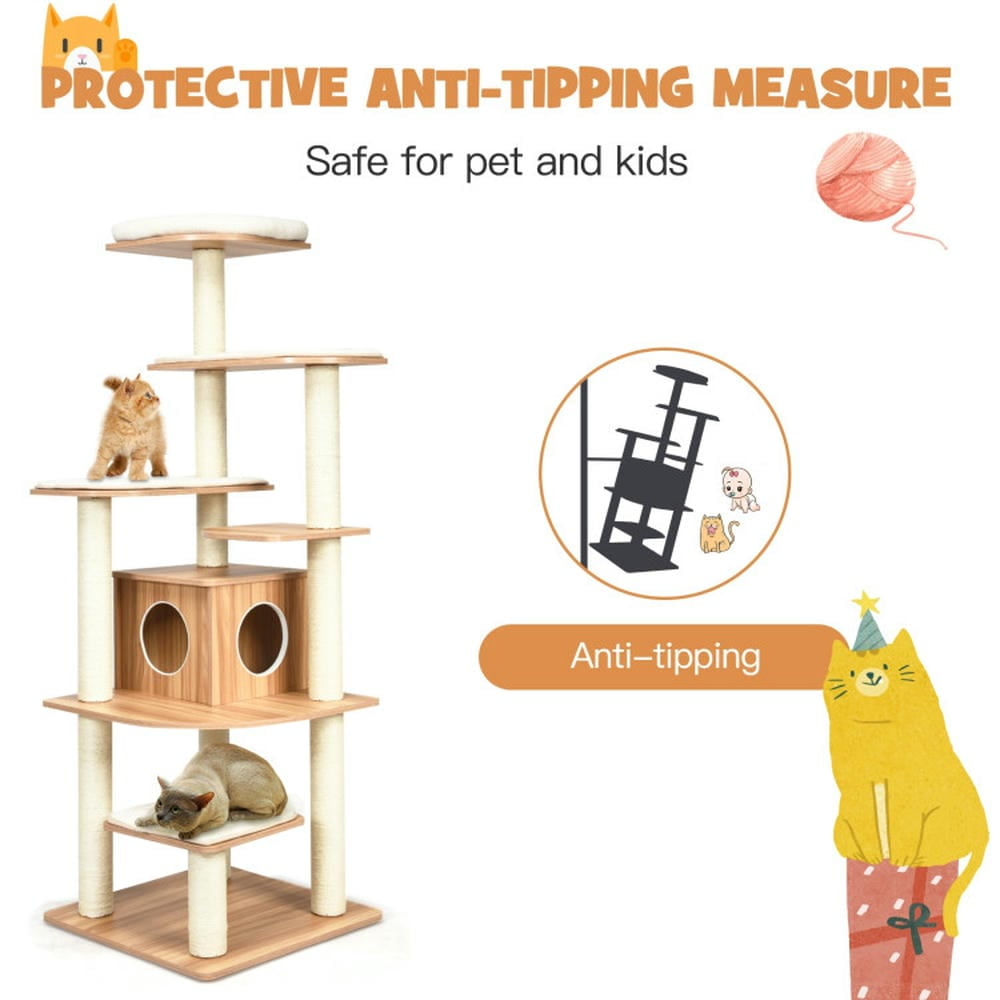 Spaco Cat Tree, 57-Layer Wooden Cat Tree Tall Cat Tower with Sisal Posts and Condo-Natural, Cat House with Platform Bed, Large Cozy Condo