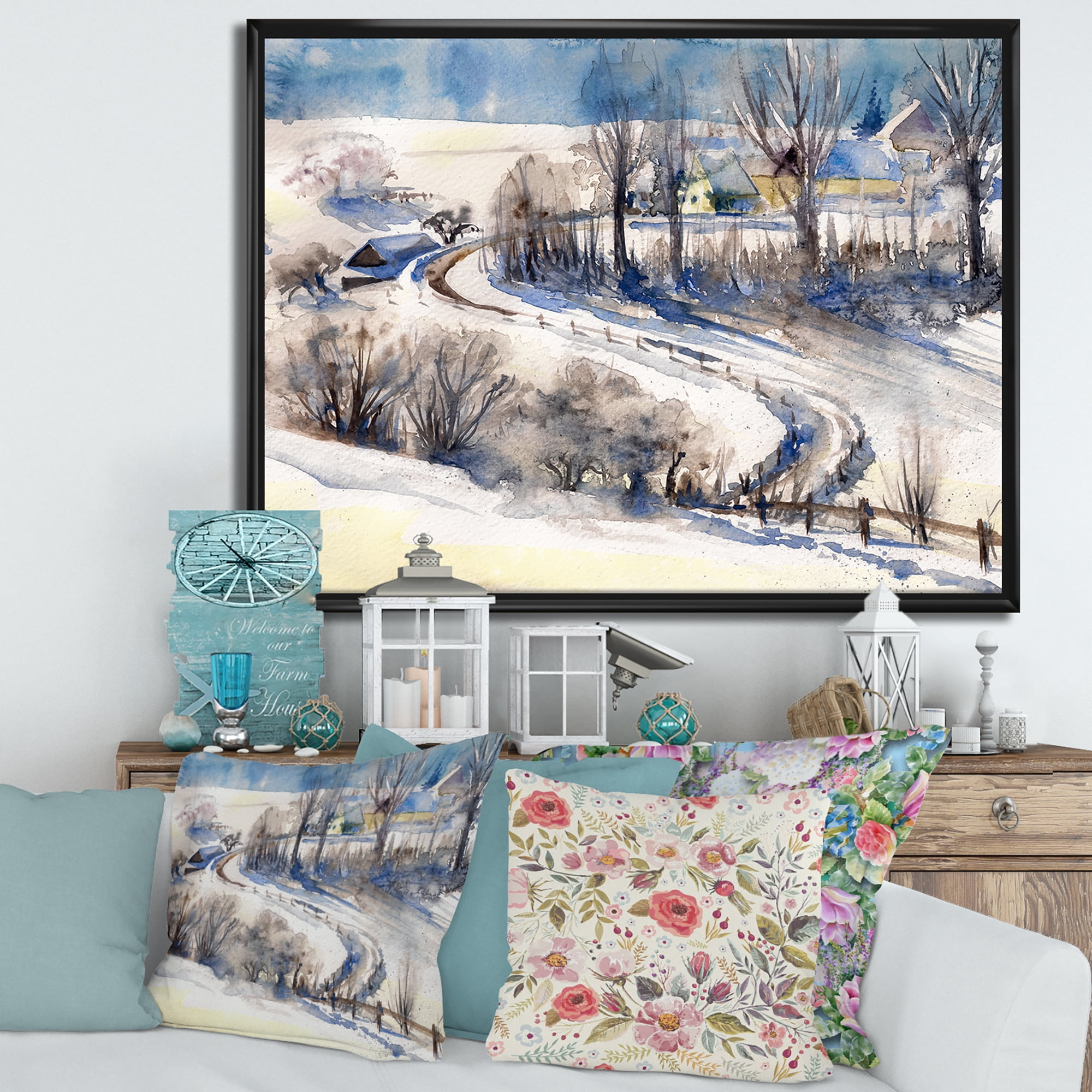 Designart 'Country Road In Winter Times Landscape I' Traditional Framed Canvas Wall Art Print