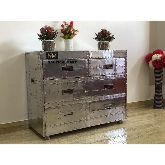 Nautical-Mart Aviator Spitfire 4 Drawer Chest Aluminum Mid Century Modern Classic Home Furniture End Table (38 Inches)