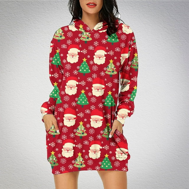TIMIFIS Robe Décontractée Longue à Capuche pour Femmes Robe de Noël Moche Légère à Manches Longues avec Poche